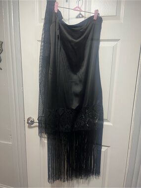 Black Fringe Satin halter dress with crochet and fringe finished bottom.